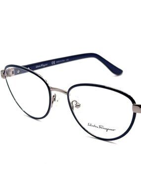 NEW SALVATORE FERRAGAMO SF2145 036 Shiny Ruthenium/Blue 52mm 18 140